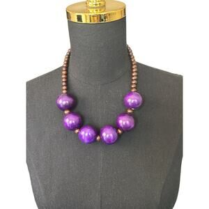 Bold Purple & Brown Wooden Artisan Bead Statement Handmade Necklace- Boho